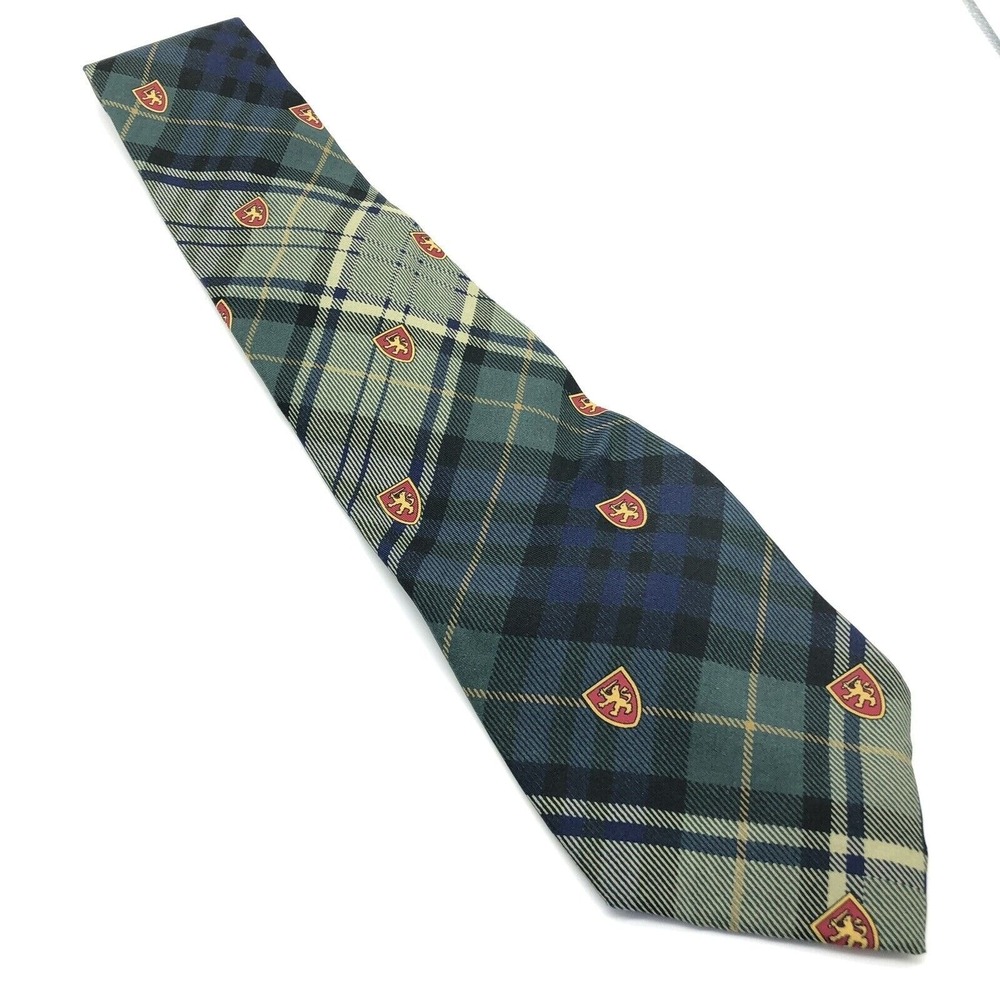 Tommy Hilfiger Classic Neck Tie Griffin Logo Plaid Striped Blue & Green